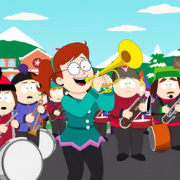 A lively cartoon scene inspired by the South Park style, featuring Wendy Testaburger joyfully playing a trumpet
