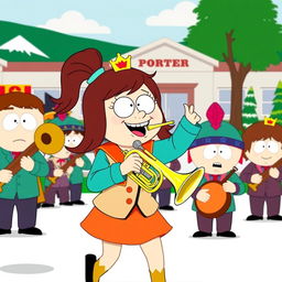A lively cartoon scene inspired by the South Park style, featuring Wendy Testaburger joyfully playing a trumpet