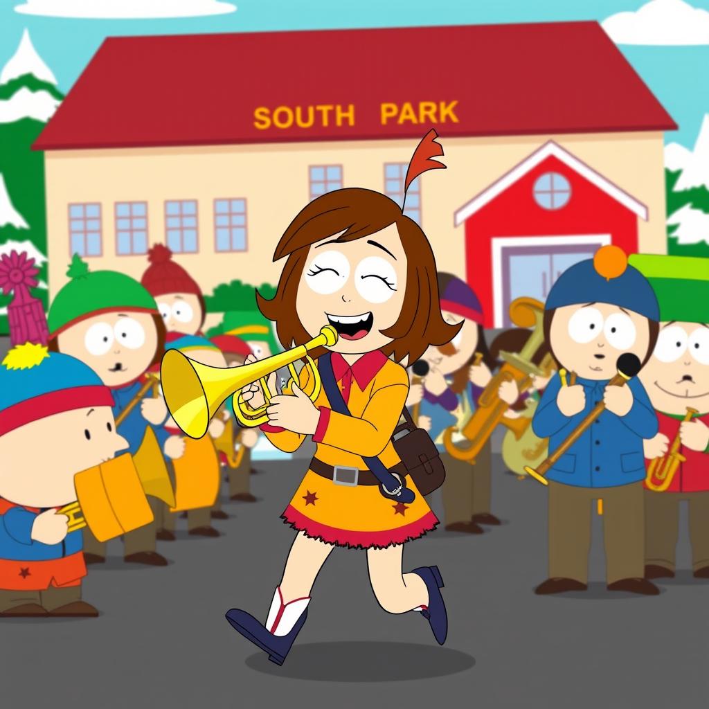 A lively cartoon scene inspired by the South Park style, featuring Wendy Testaburger joyfully playing a trumpet