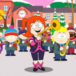 A lively cartoon scene inspired by the South Park style, featuring Wendy Testaburger joyfully playing a trumpet