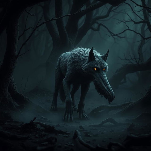 A menacing scene featuring a single corrupted wolf lurking in a dark, shadowy forest