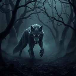 A menacing scene featuring a single corrupted wolf lurking in a dark, shadowy forest