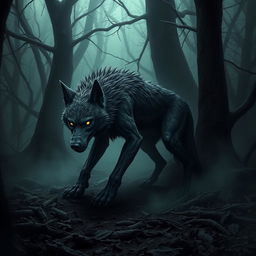 A menacing scene featuring a single corrupted wolf lurking in a dark, shadowy forest