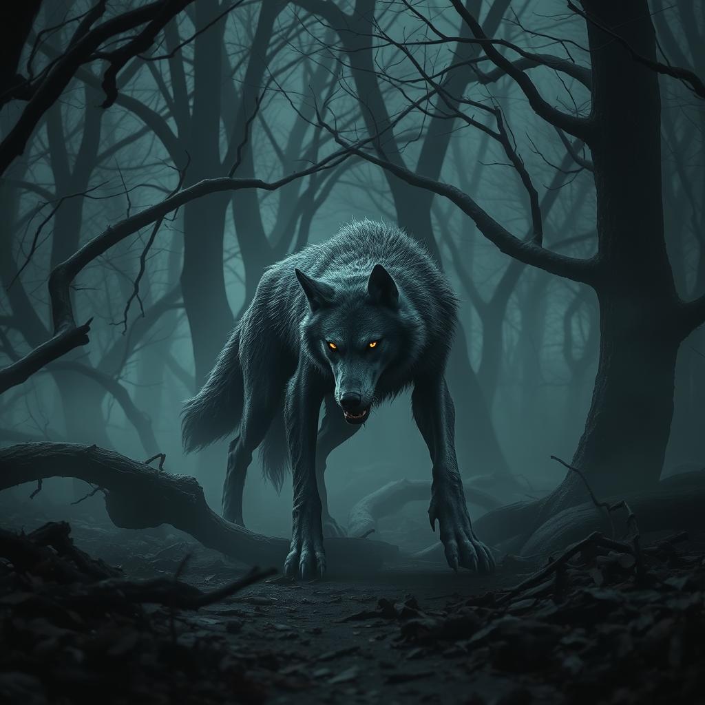 A menacing scene featuring a single corrupted wolf lurking in a dark, shadowy forest