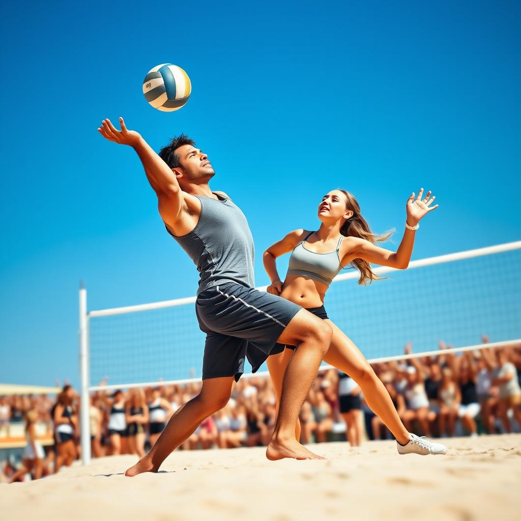 A striking book cover featuring a volleyball match scene focusing on a male player serving the ball and a female player poised to catch it