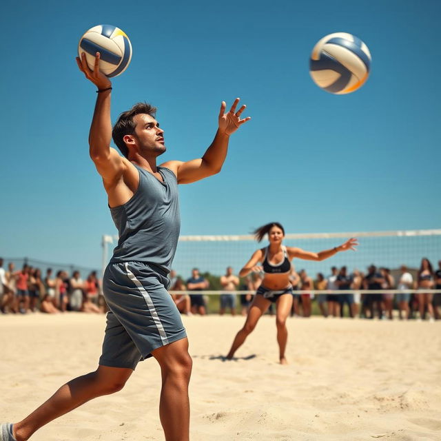 A striking book cover featuring a volleyball match scene focusing on a male player serving the ball and a female player poised to catch it