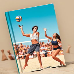 A striking book cover featuring a volleyball match scene focusing on a male player serving the ball and a female player poised to catch it