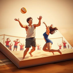 An aesthetic book cover illustrating a volleyball match scene where a male player is serving the ball and a female player is skillfully catching it