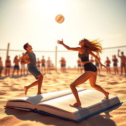 An aesthetic book cover illustrating a volleyball match scene where a male player is serving the ball and a female player is skillfully catching it