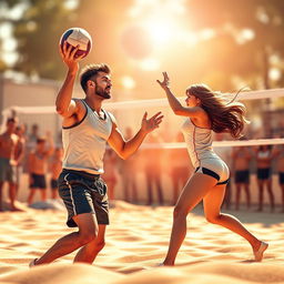 An aesthetic book cover illustrating a volleyball match scene where a male player is serving the ball and a female player is skillfully catching it