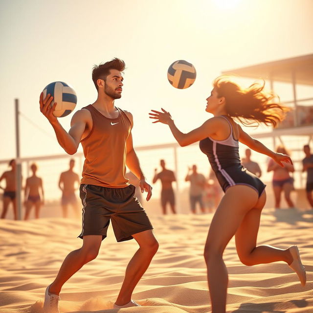 An aesthetic book cover illustrating a volleyball match scene where a male player is serving the ball and a female player is skillfully catching it