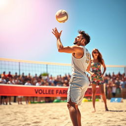 A visually appealing book cover capturing a volleyball match scene where a male player is serving the ball