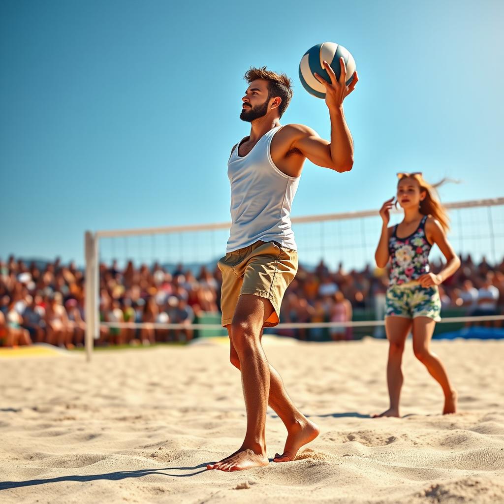 A visually appealing book cover capturing a volleyball match scene where a male player is serving the ball