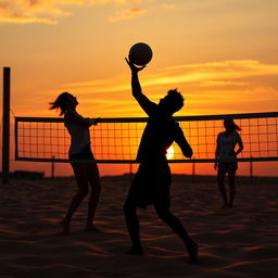 A captivating book cover featuring an aesthetic volleyball match scene where the male player is depicted as a silhouette in the foreground, serving the ball with an impressive stance