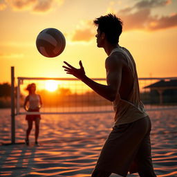 A captivating book cover featuring an aesthetic volleyball match scene where the male player is depicted as a silhouette in the foreground, serving the ball with an impressive stance