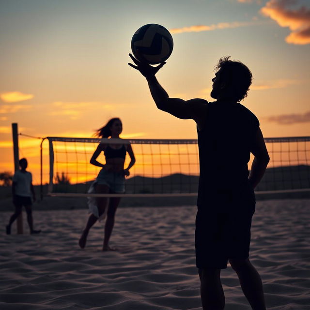 A captivating book cover featuring an aesthetic volleyball match scene where the male player is depicted as a silhouette in the foreground, serving the ball with an impressive stance