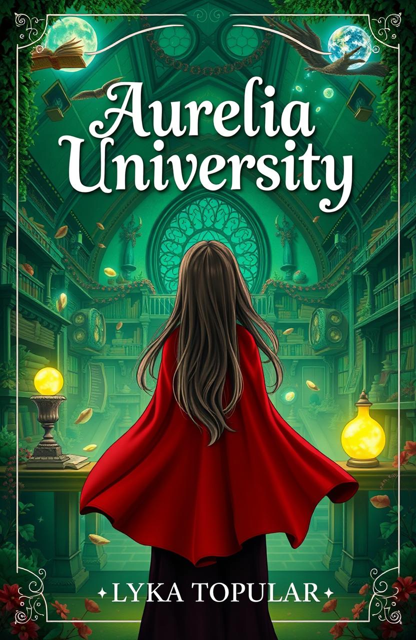 A cover page for a story titled 'Aurelia University', set against a vibrant green magical school full of enchanting details such as floating books, mystical plants, and glowing orbs