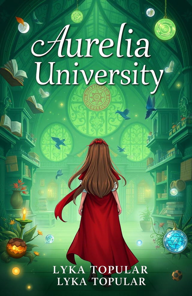 A cover page for a story titled 'Aurelia University', set against a vibrant green magical school full of enchanting details such as floating books, mystical plants, and glowing orbs