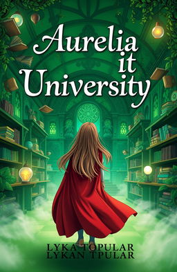 A cover page for a story titled 'Aurelia University', set against a vibrant green magical school full of enchanting details such as floating books, mystical plants, and glowing orbs
