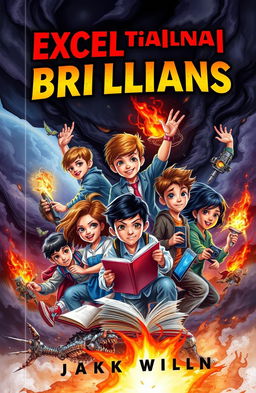 A dynamic book cover featuring a group of exceptionally brilliant children, showcasing diversity in gender and ethnicity