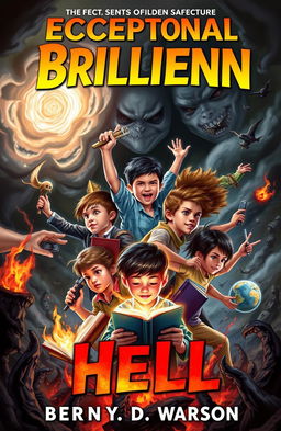 A dynamic book cover featuring a group of exceptionally brilliant children, showcasing diversity in gender and ethnicity