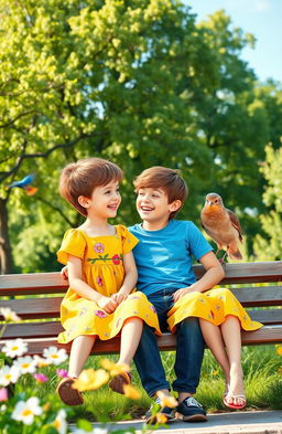 A heartwarming scene of a boy and a girl sitting together on a park bench, sharing a joyful moment