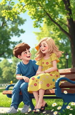 A heartwarming scene of a boy and a girl sitting together on a park bench, sharing a joyful moment