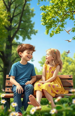 A heartwarming scene of a boy and a girl sitting together on a park bench, sharing a joyful moment