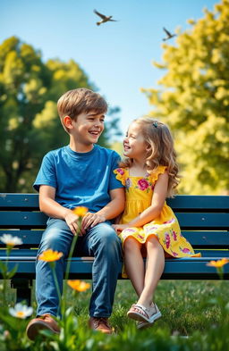 A heartwarming scene of a boy and a girl sitting together on a park bench, sharing a joyful moment