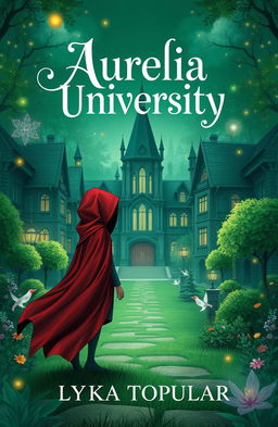 A magical school with a lush green campus, filled with enchanting elements like floating lights and whimsical flora