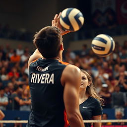 A portrait of a dynamic volleyball match moment, capturing a male player of German descent serving
