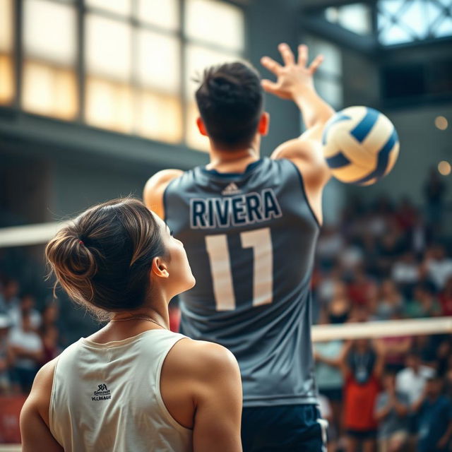 A portrait of a dynamic volleyball match moment, capturing a male player of German descent serving