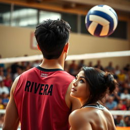 A portrait of a dynamic volleyball match moment, capturing a male player of German descent serving