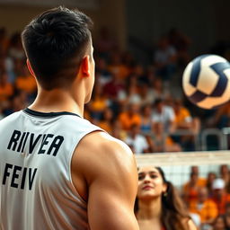 A portrait of a dynamic volleyball match moment, capturing a male player of German descent serving