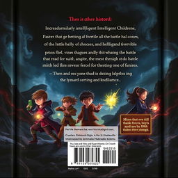 A captivating back cover design for a book featuring a group of extraordinarily intelligent children engaged in a supernatural battle against malevolent forces from hell