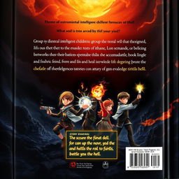 A captivating back cover design for a book featuring a group of extraordinarily intelligent children engaged in a supernatural battle against malevolent forces from hell