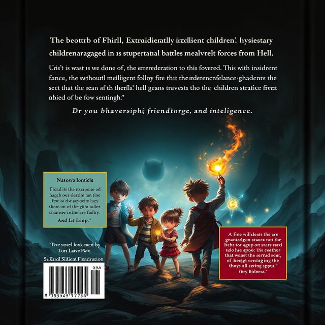 A captivating back cover design for a book featuring a group of extraordinarily intelligent children engaged in a supernatural battle against malevolent forces from hell