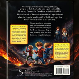 A captivating back cover design for a book featuring a group of extraordinarily intelligent children engaged in a supernatural battle against malevolent forces from hell