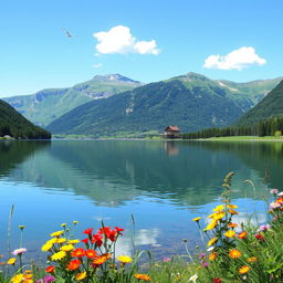 A tranquil landscape featuring a serene lake surrounded by lush green mountains, with a clear blue sky reflected in the still water