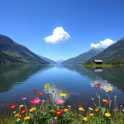 A tranquil landscape featuring a serene lake surrounded by lush green mountains, with a clear blue sky reflected in the still water