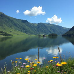 A tranquil landscape featuring a serene lake surrounded by lush green mountains, with a clear blue sky reflected in the still water