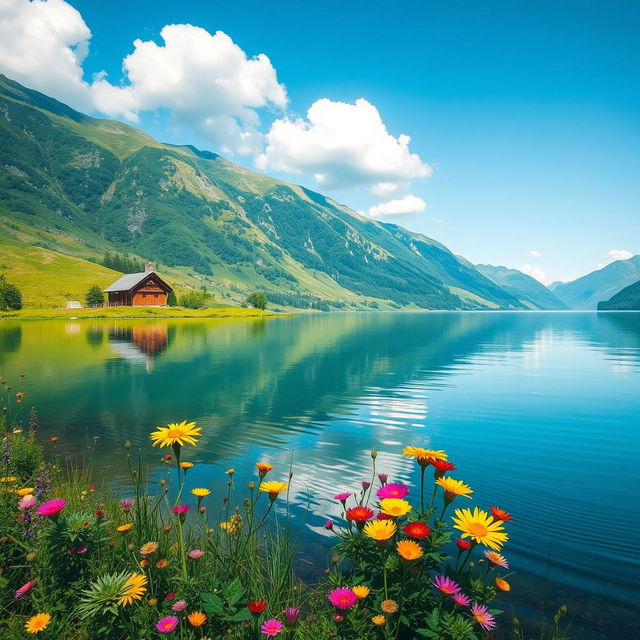 A tranquil landscape featuring a serene lake surrounded by lush green mountains, with a clear blue sky reflected in the still water