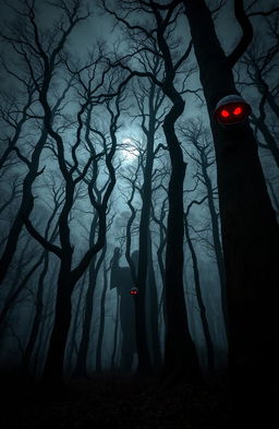 A spooky, eerie forest with tall, twisted trees reaching towards a dark, cloudy sky