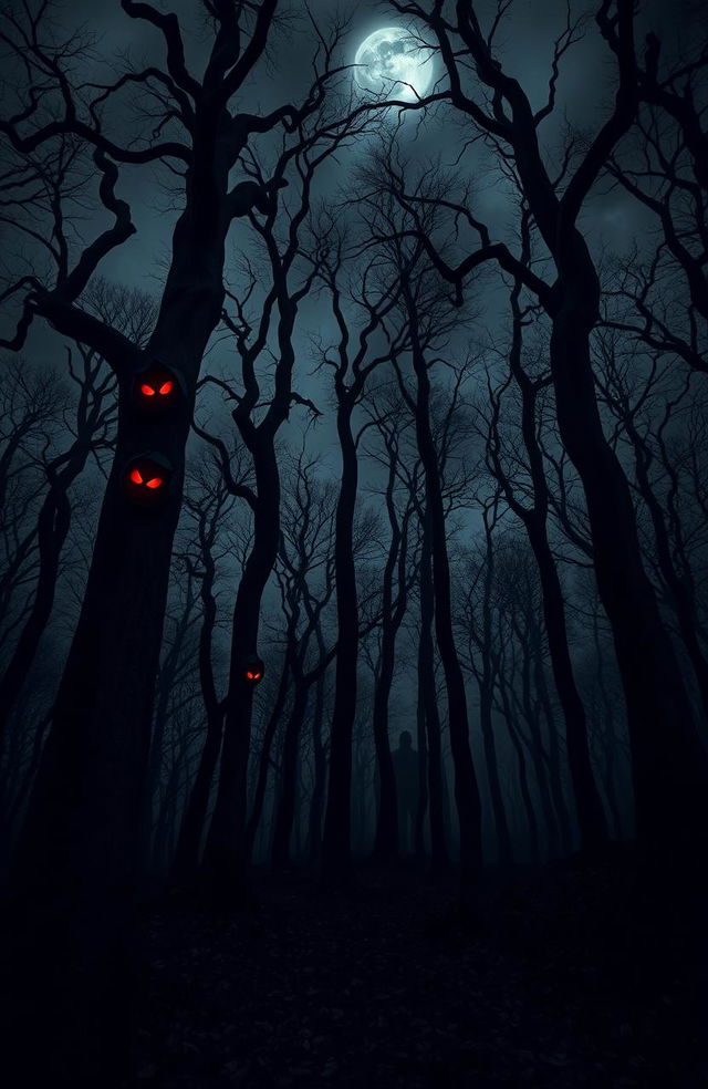 A spooky, eerie forest with tall, twisted trees reaching towards a dark, cloudy sky