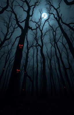 A spooky, eerie forest with tall, twisted trees reaching towards a dark, cloudy sky