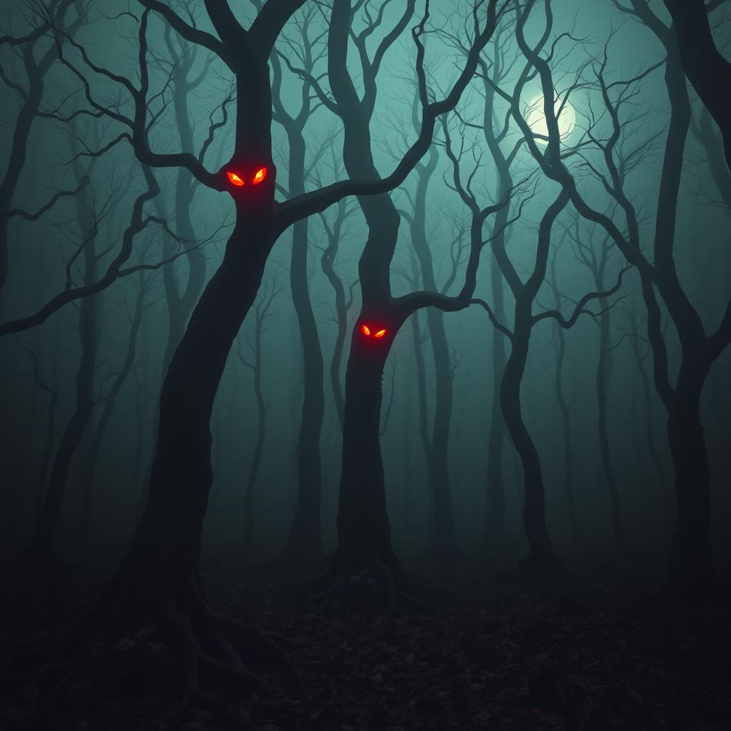 A creepy forest with long, towering trees that twist and turn into the darkness