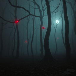 A creepy forest with long, towering trees that twist and turn into the darkness