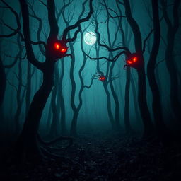 A creepy forest with long, towering trees that twist and turn into the darkness