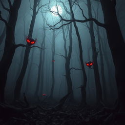 A chilling, creepy forest filled with long, gnarled trees that stretch high into the misty night sky