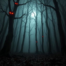A chilling, creepy forest filled with long, gnarled trees that stretch high into the misty night sky
